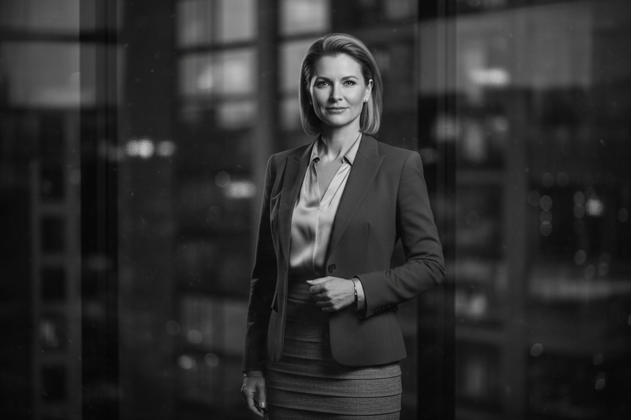 executive female in her 40s black and white picture with dark overlay