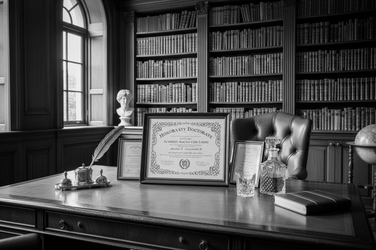 high-quality image of a diploma in a gorgeous expensive office in black and white