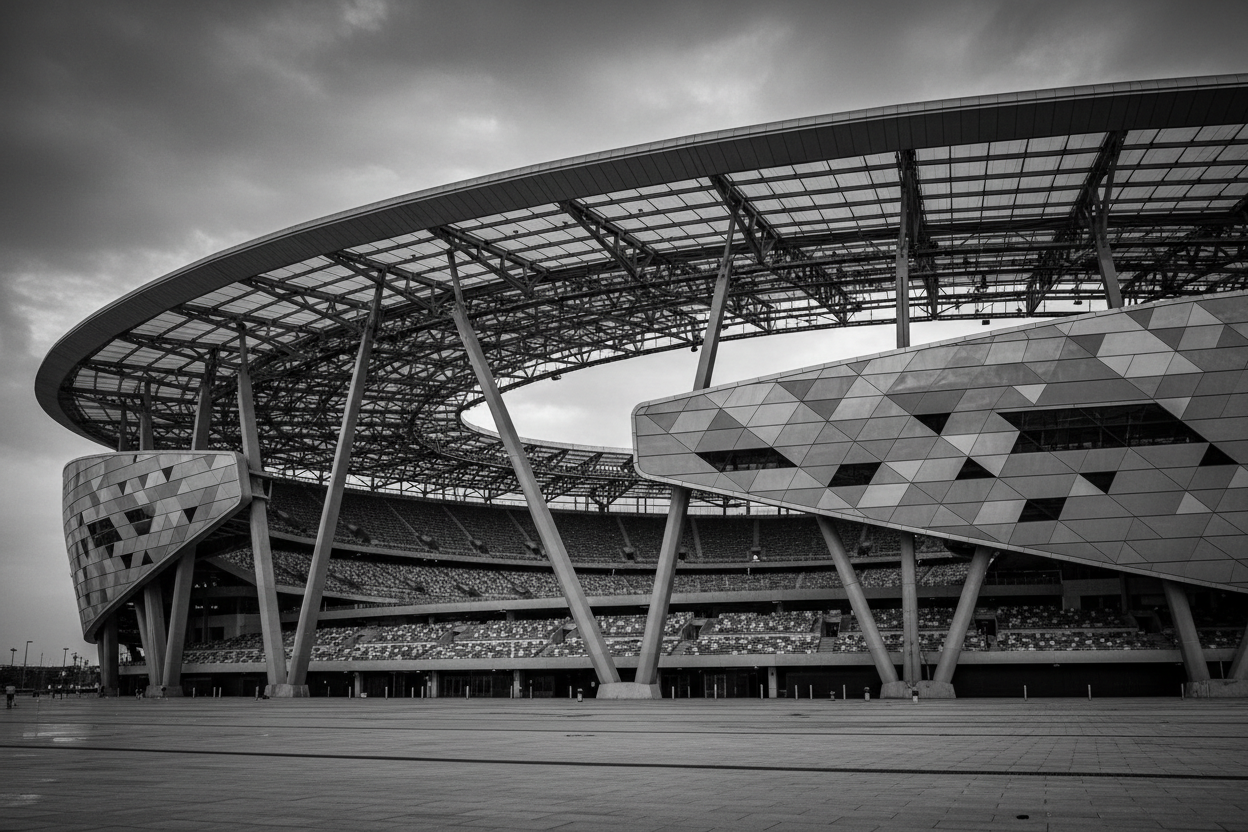 picture of a modern stadium in black & white