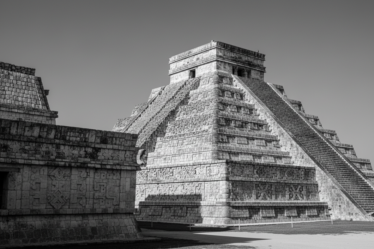 azteca ruins in mexico black and white picture